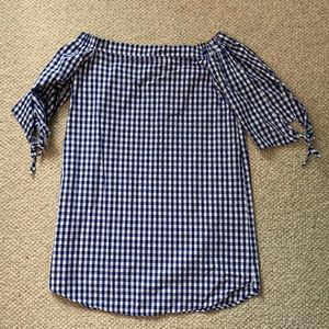 Elan blue and white gingham off the shoulder dress